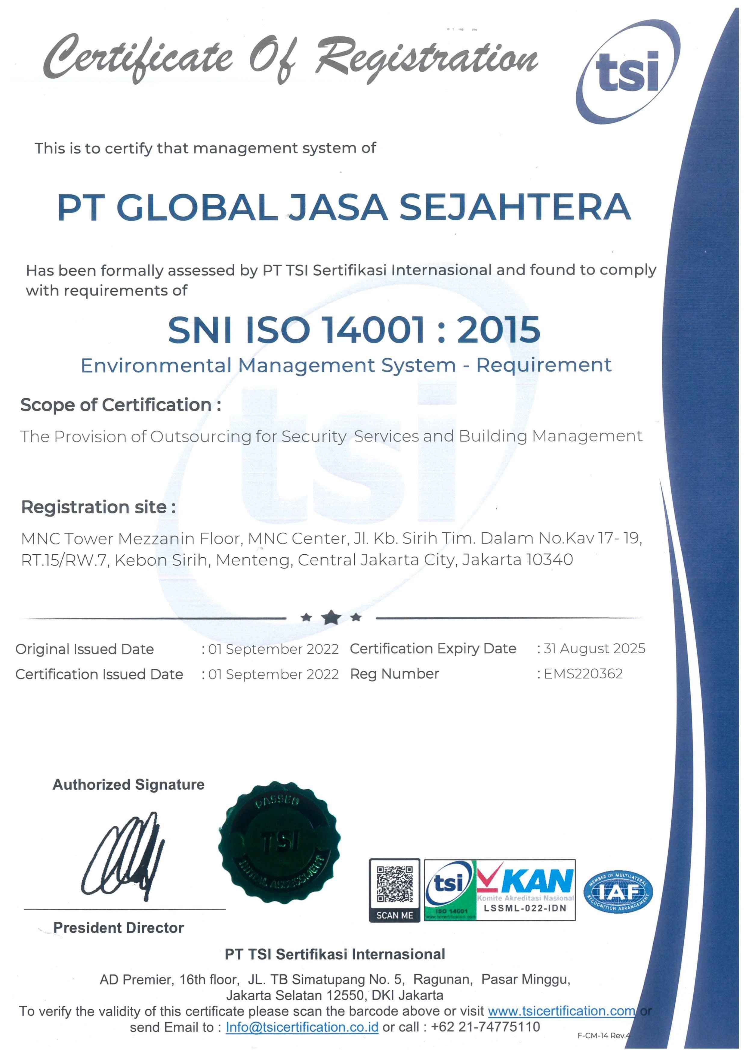 The Provision of Outsourcing for Security Service and Building Management (SNI ISO 14001:2015)